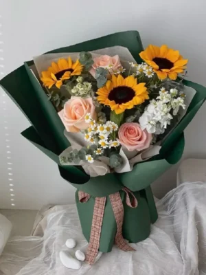 Bó hoa hướng dương mix hoa hồng