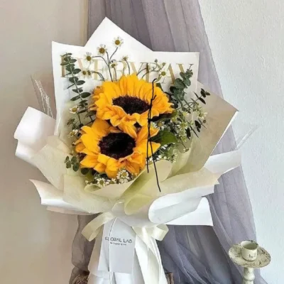 bó hoa hướng dương 2 bông giấy trắng