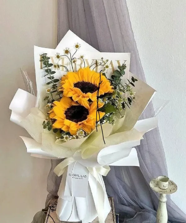 bó hoa hướng dương 2 bông giấy trắng