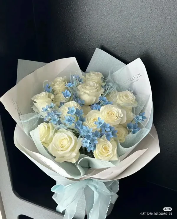 bó hoa hồng mix baby xanh