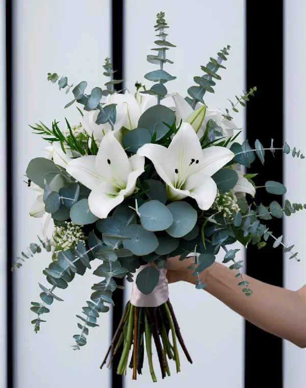 mẫu hoa cưới loa kèn trắng lá bạc