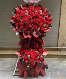 mẫu kệ hoa khai trương kiểu truyền thống với hoa đồng tiền đỏ