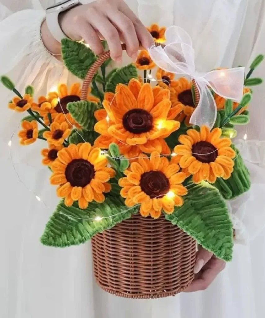 giỏ hoa hướng dương kẽm nhung để bàn