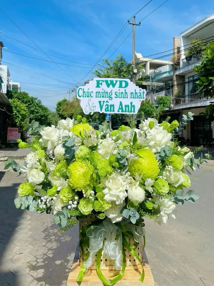mẫu lẵng hoa chúc mừng khai trương tone xanh ý nghĩa