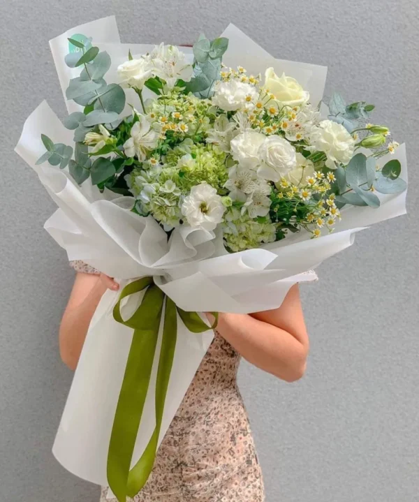 Bó hoa cẩm tú cầu màu xanh bơ mĩ hoa cát tường
